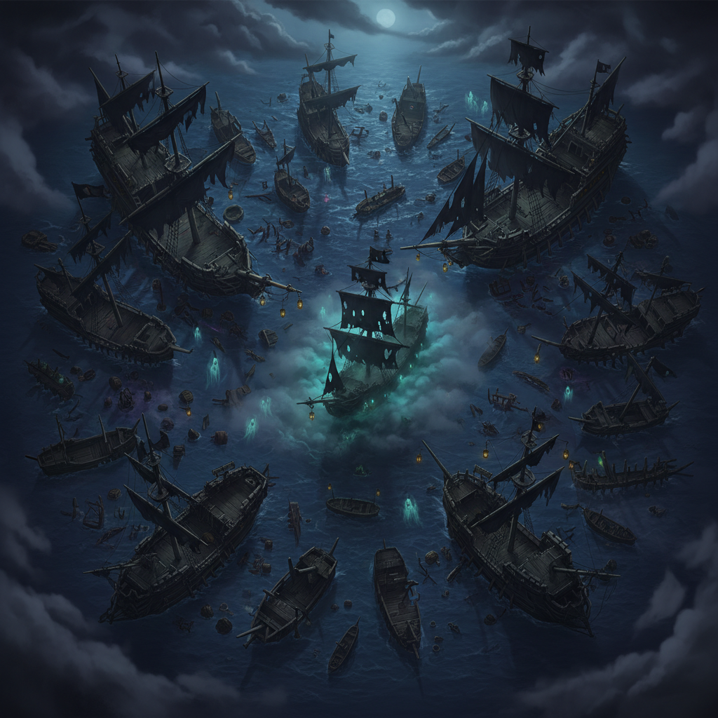 Frota de navios fantasma encalhados num mar noturno, com espíritos azulados entre os cascos.